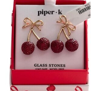 Piper K Red Cherry Earrings with Gold Bow Glass Stone Earrings 🍒
